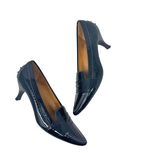 Tod's Pointed Toe Penny Loafer Pumps Heels Patent Leather Black Size US 9.5 - Picture 3 of 15